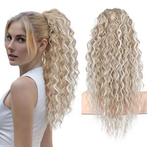 Flufymooz Ponytail Extension, 22 Inch Bohemian Style Drawstring Ponytail Hair Extensions for Women, Long Curly Wavy Ponytail Natural Synthetic Hairpiece for Women (Light Blonde with White Blonde Highlight)