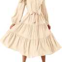 MASCOMODA Women's Dresses 2025 Fall Long Sleeve Midi Dress Casual V Neck Button Down Tiered Flowy Aline Tie Waist Shirt Dress (Medium, Beige)