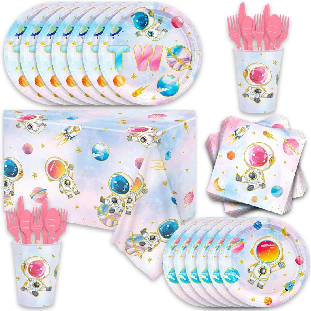 141Pcs Space Party Supplies for Boys Baby Shower 1st 2nd Birthday Party Decorations Blue Moon Star Outer Space Planet Theme Plates Napkin Cups Forks Knives Tableware Set for 20 Guests