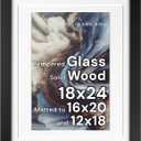 Frame Amo 18x24 Black Solid Wood Poster Frame, White Multi Mat for 16x20 and 12x18 Image, Tempered Glass Front, 1.5 inch Wide, 1 inch Thick, High-End, Heavy-Duty, Gallery Grade & Acid-Free