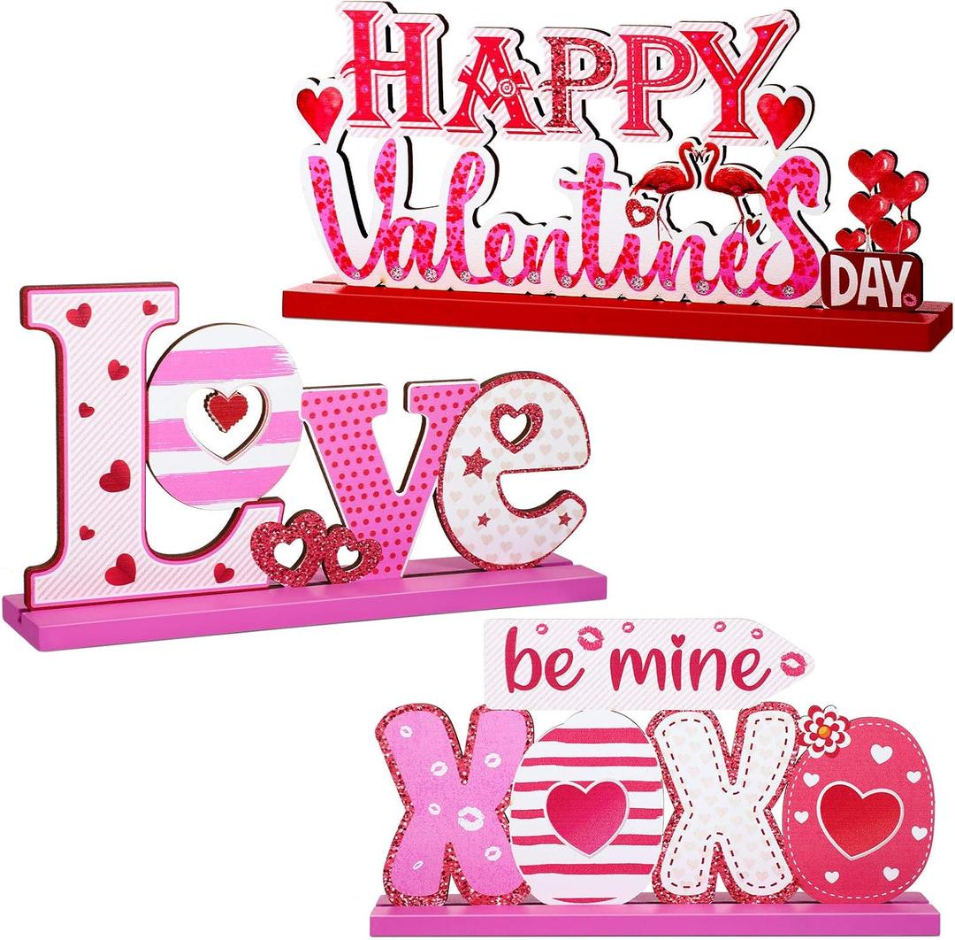Sumind 3 Pcs Valentine Wooden Sign Table Decoration Be Mine Sign Happy Valentine Tabletop Centerpiece Flamingo Party Decor for Presents Wood Love Heart Decoration
