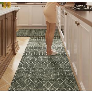 Yongyangjuxin Kitchen Mats for Floor, 20"x48"+20"x59" Non Slip Kitchen Rugs and Mats, 2 PCS Machine Washable Kitchen Floor Mat for Hallway Laundry (Olive Drab)