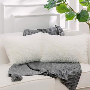 NordECO HOME Luxury Soft Faux Fur Fleece Cushion Cover Pillowcase Decorative Throw Pillows Covers, No Pillow Insert, 12" x 20" Inch, White, 2 Pack (12" x 20" (Pack of 2), A-white)