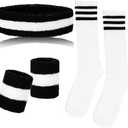 Sucrain 5 Pieces Striped Sweatbands and Socks Set, Sports Sweatbands Wrist Sweat Bands Red, White& Blue High Tube Socks 80s Accessories Costumes for Men Women