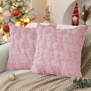 DFXSZ Christmas Tree Pillow Covers 18x18 inch Set of 2 Christmas Decoration Pink Soft Plush Faux Fur Jacquard Throw Pillows for Bedroom Sofa Holiday Festivals Winter Home Decor PTK009D18