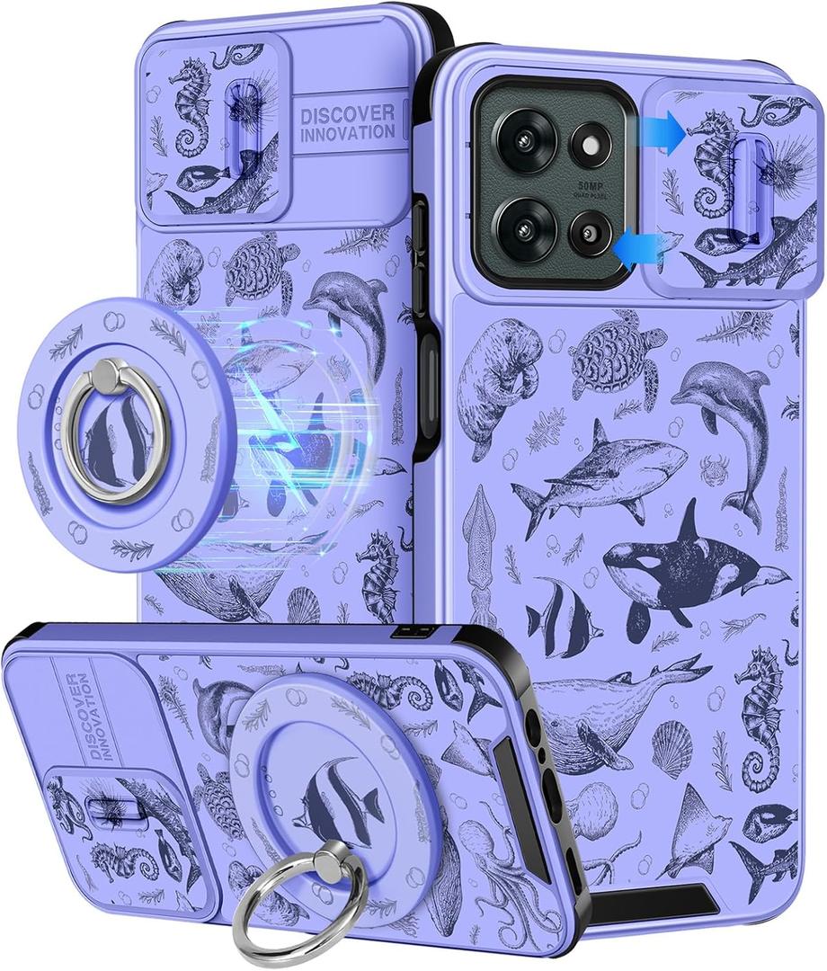 Buleens for Moto G 2025 Case - Cute Designed with Ring Stand & Camera Cover for Women Girls Aesthetic Cool Unique Cartoon Animal Phone Cover for Motorola Moto G 2025 Case Compatible with Magsafe (Move Fish)