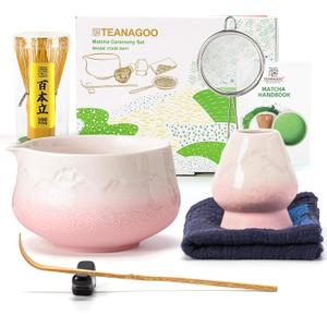 TEANAGOO 7 Pcs Matcha Whisk Set, Pink Matcha Set, Ceremony Matcha Powder Kit,Matcha Tea Set for Making Latte,Matcha Whisk Set and Bowl with Scoop&Sifter,Fuji Design Ceramic Bowl,Gift for Matcha Lovers (Ceremonial-grade Set, Gradient Pink Pro)