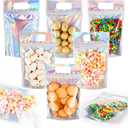 Sinload 120 Pcs Plastic Gift Bag Bulk 5.5 x 8.7 Inch Resealable Party Goodie Bag with Clear Window Color Favor Pouch with Handle for Home Birthday Wedding Party Candy Gift Wrap Supply (Clear Laser)