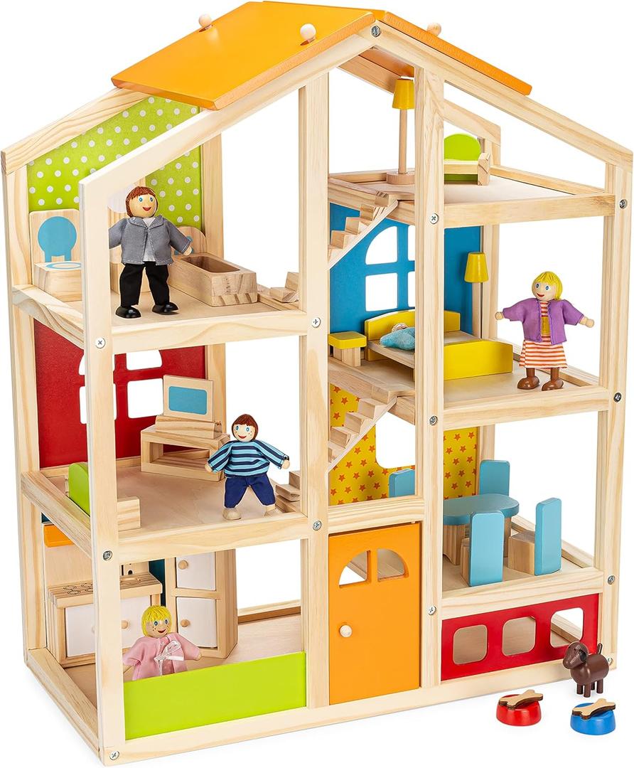 PIDOKO KIDS Skylar Wooden Dollhouse - Includes 20 Pcs Furniture Accessories, 5 Family Dolls and a Pet Dog - Wood Doll House for 3 4-5 Year Old Girls & Boys