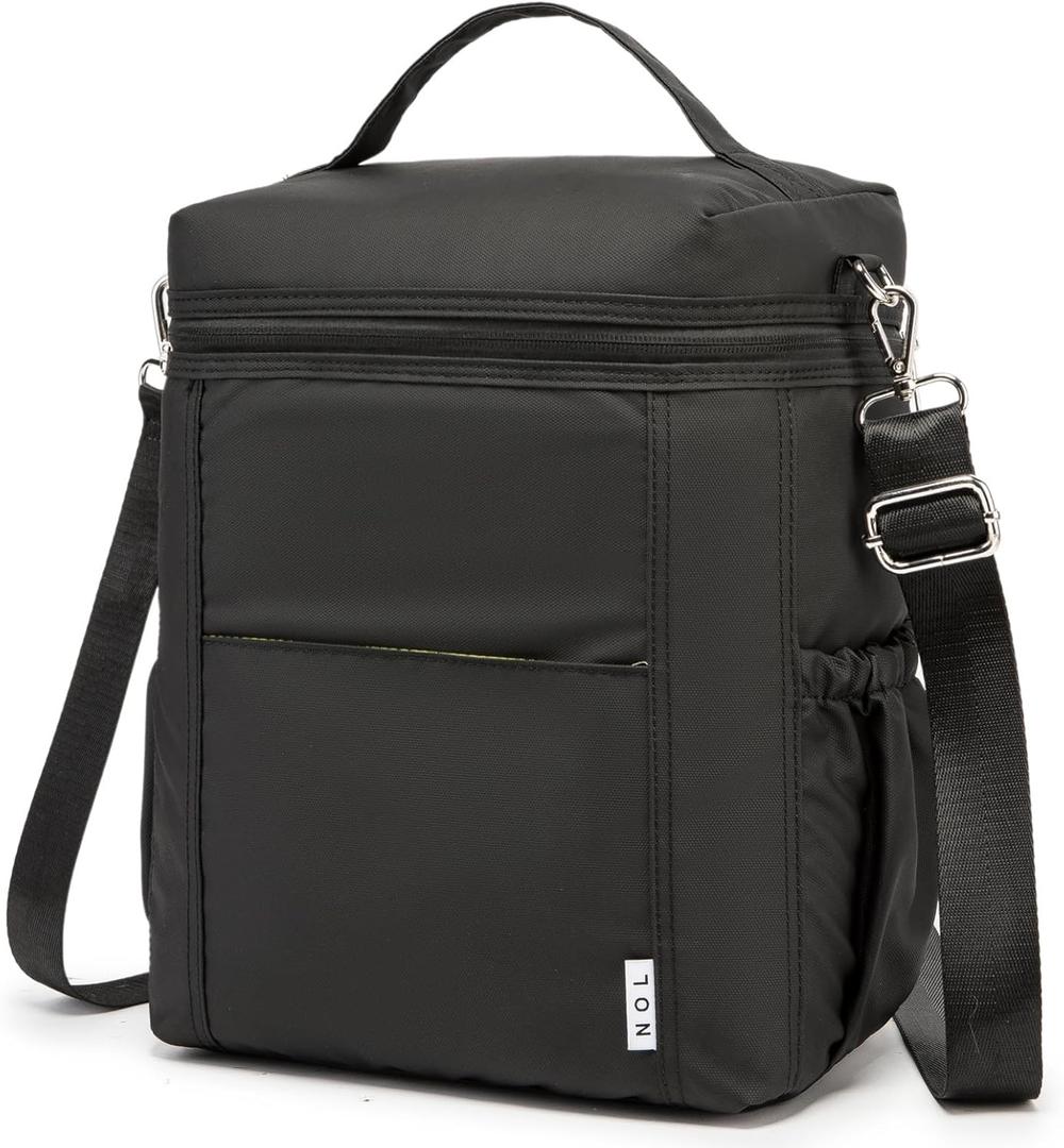 NOL Natural Organic Lifestyle Insulated Lunch Bags for Women Cooler Bag Lightweight Nylon Waterproof Lunch Box For Work (Black, Large) (Large (12 Liters))