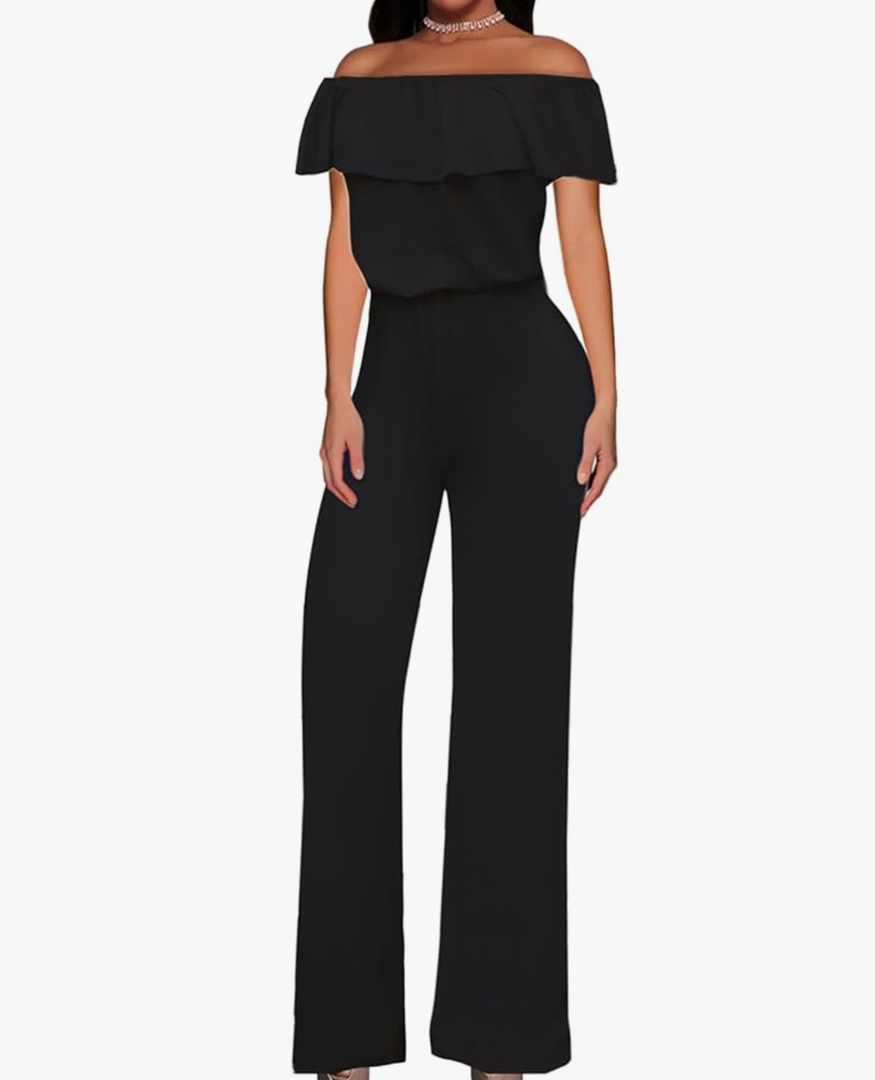 Hybrid & Company Women's Lightweight Off Shoulder Jumpsuit – Stretchy Wide Leg Romper – Casual to Formal One Piece Outfit M