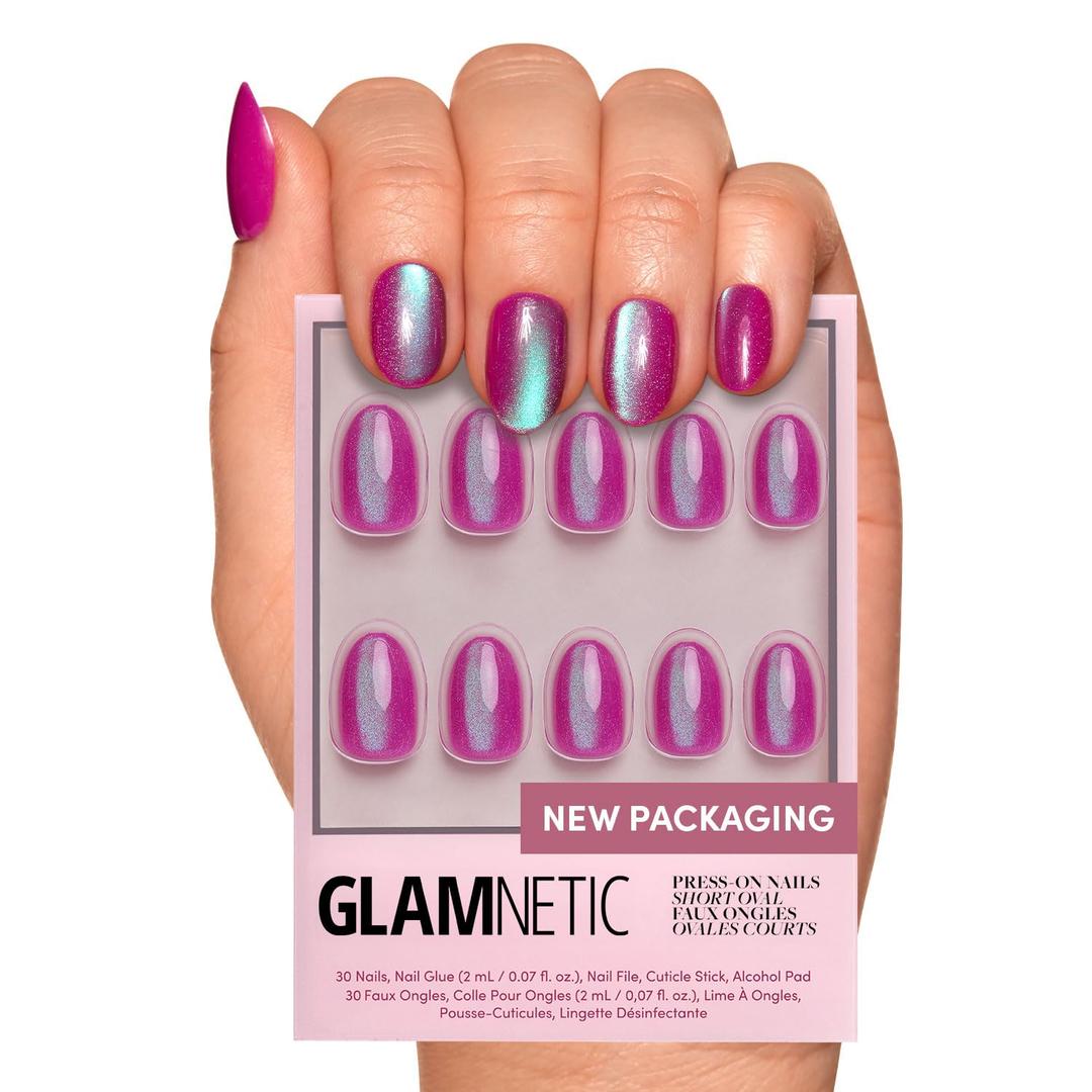 Glamnetic Press On Nails - Berry Fizz | Short Oval, Magenta Nails with a Mesmerizing Metallic Finish | 15 Sizes - 30 Nail Kit with Glue