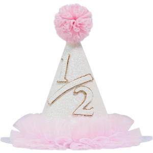 Half Birthday Party Hat, 6 Month Celebration, White and Pink with Gold Number, Glitter Party Decoration