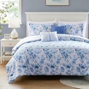 Intelligent Design Vintage Floral Striped Blue Queen Comforter Set, 5pc | Bedding Full Size, Girls Bedroom, Lightweight, All-Season, Down Alternative, Machine Washable, Easy Care, Cozy