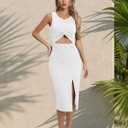 Women's Summer Dress with Slit Sleeveless Crew Neck Cutout Twist Front Crisscorss Ribbed Knit Bodycon Midi Casual Dresses (White, L)