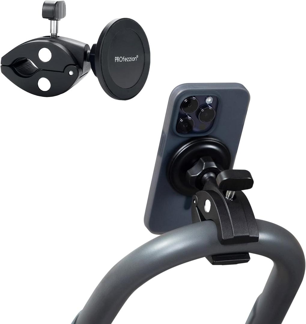 PROfezzion Gym Fitness Magnetic Phone Mount, Heavy Duty Clamp MagSafe Phone Holder for Treadmill, Exercise Bike, Peloton, Stroller, Golf Cart, Shopping Cart, Handlebar - Fit for iPhone 12-17 Series