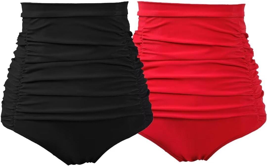COCOPEAR Women's Ruched High Waisted Bikini Bottom Retro Vintage Swim Short Tankinis (X-Large, Black+red)