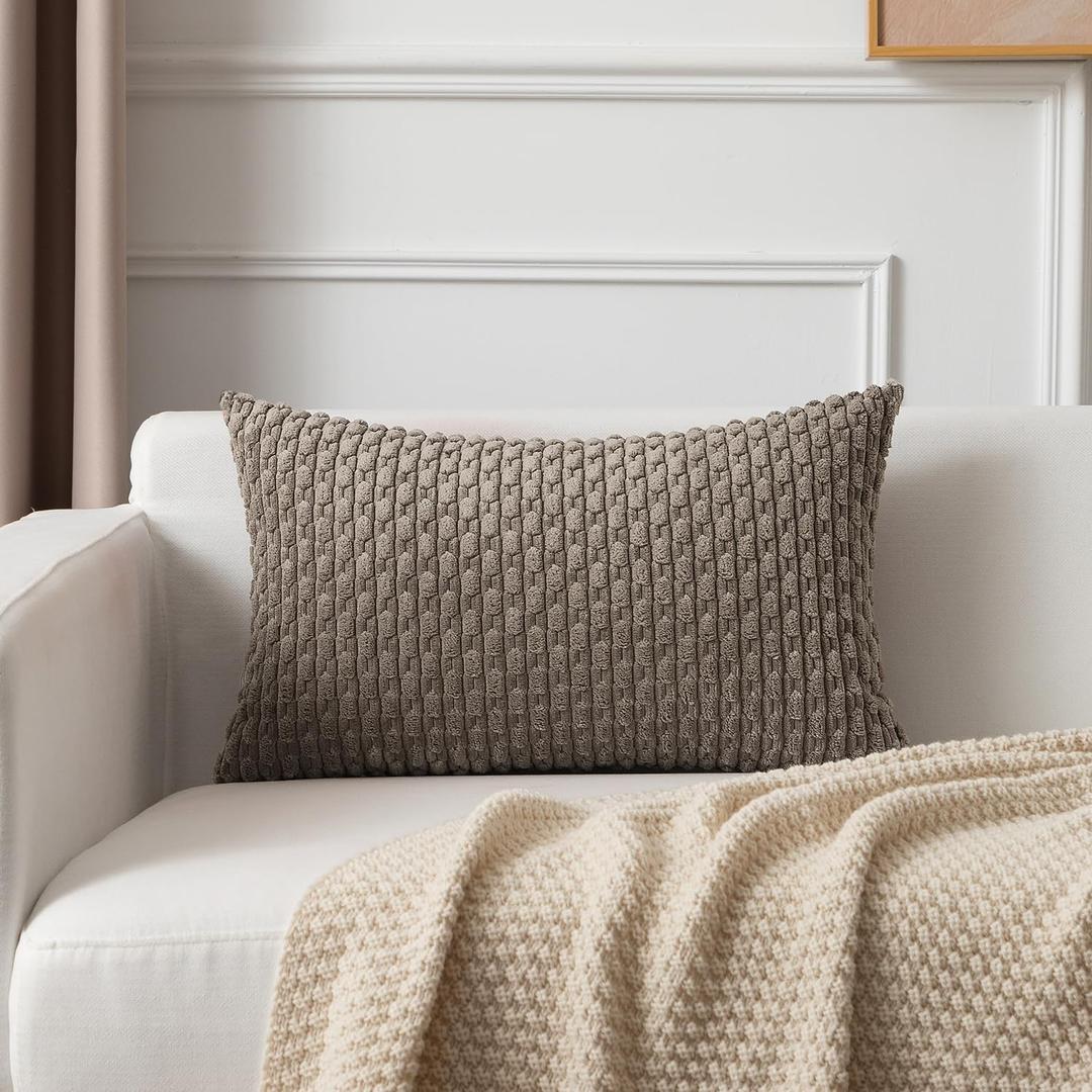 Kevin Textile 12x20 Inch Pillow Cover 1 Pack Boho Decorative Soft Striped Corduroy Lumbar Farmhouse Color Accent Rectangle Cushion Case for Living Room Couch Sofa Bed, Light Brown