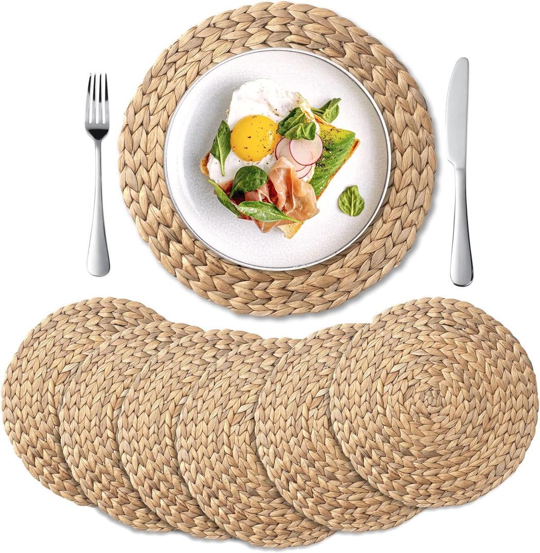 YANGQIHOME 6 Pack, Round Woven Placemats, Natural Water Hyacinth Wicker Place mats, Braided Straw Table Mats for Dining Table, Fall, Halloween, Thanksgiving, Chrismats (11.8 inch) (11.8 inch (Set of 6))