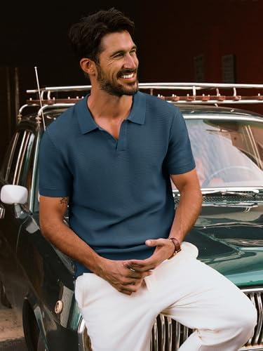 PJ PAUL JONES Mens Polo Shirts Short Sleeve Casual V Neck Ribbed Textured Knit Polo Shirt (XX-Large, Apricot)