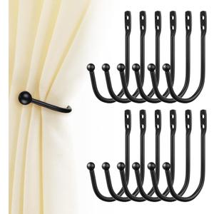 12PCS Curtain Tie Back Hooks, Metal Curtain Holdbacks Side Tiebacks Wall Mounted with Screws, Black