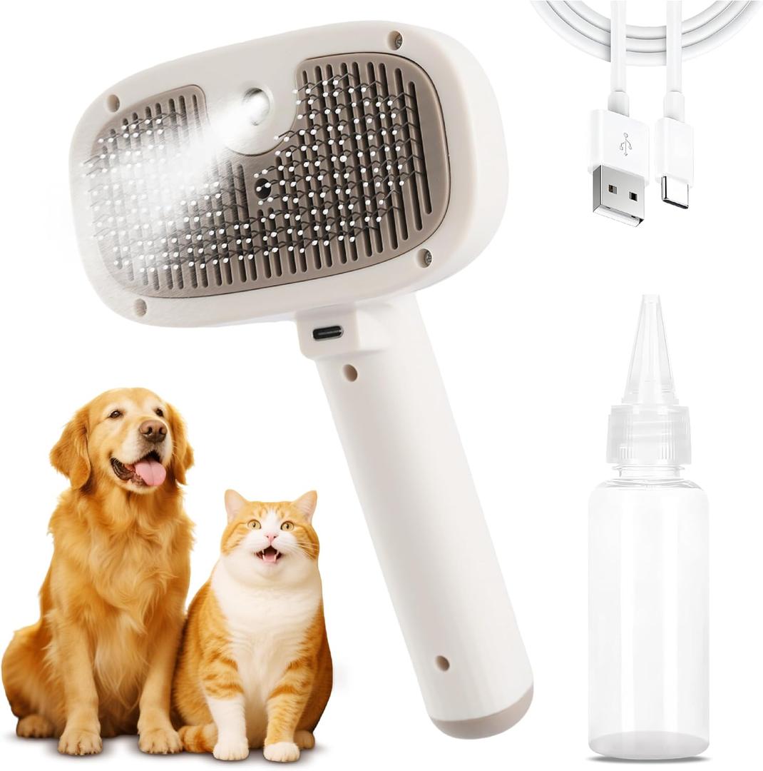 Cat Steam Brush for Indoor Cats, Dog Brush for Shedding, Spritz Defur Comb for Short & Long Hair, Pet Spray Hair Removal Comb, USB Rechargeable Grooming Supplies Steam Brush for All Pets (White)