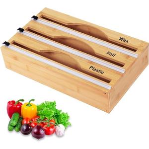 3 in 1 Wrap Organizer with Cutter and Labels, Plastic Wrap, Aluminum Foil and Wax Bamboo Dispenser for Kitchen Storage Organization Holder