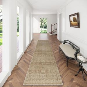 Runners for Hallways Kitchen Runner Rugs: 2'x 10' Washable Runner Rug Non Slip Long Floor Rug with Rubber Backing Faux Wool Distressed Soft Carpet Runners for Entryway Indoor Foyer Bedroom Farmhouse (Brown and Beige)
