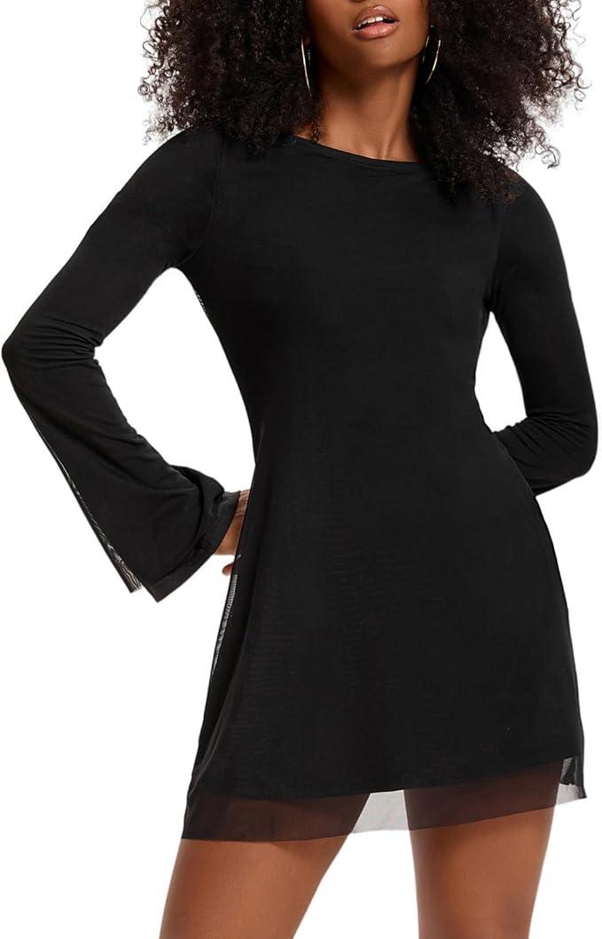 Topcloset Women's Fall Long Sleeve Mini Dress Boat Neck Going Out Cocktail Bell Sleeve Dresses Date Night Outfits,  M