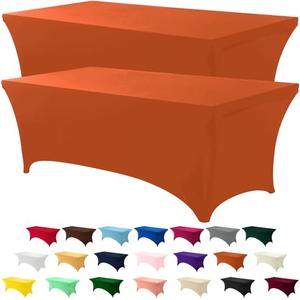 6FT Spandex Tablecloth [3 Pack, Orange] 200 GSM Stretch, Fitted, Washable and Wrinkle Resistant Table Cloth Rectangle Cover for Trade Shows, Wedding, Parties [72Lx30Wx30H Inch]