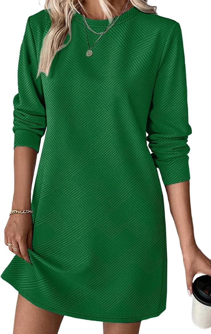 BLENCOT Womens Casual Pullover Sweatshirt Dress Crewneck Long Sleeve Trendy Fall Textured Solid Mini Dresses with Pockets (S)