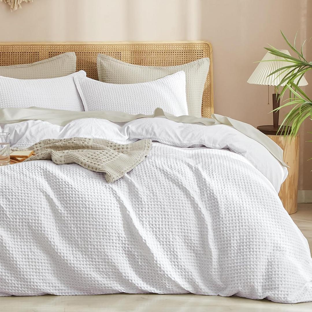 PHF Waffle Weave Duvet Cover Set Queen Size, No Snagging Ultra Soft Luxury Textured Breathable Comforter Cover for All Season 3pcs, Durable Bedding Duvet Set with 2 Pillow Shams, 90"x90", White