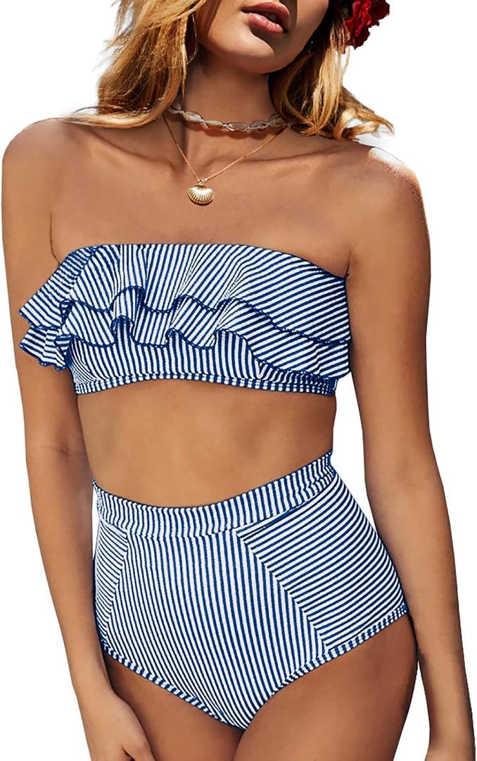 Saodimallsu Women High Waisted 2 Piece Bikini Set Bandeau Ruffle Swimsuit Top Striped Bathing Suits (Small, Royal Blue)