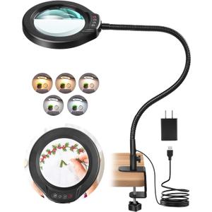 IVMAIE 10X Magnifying Glass with Light and Clamp, 5 Inch Real Glass Magnifying Desk Lamp with Stand, Long Gooseneck, 5 Color Modes Lighted Magnifier Hands Free for Crafts Painting Jewelry Close Work (Black)