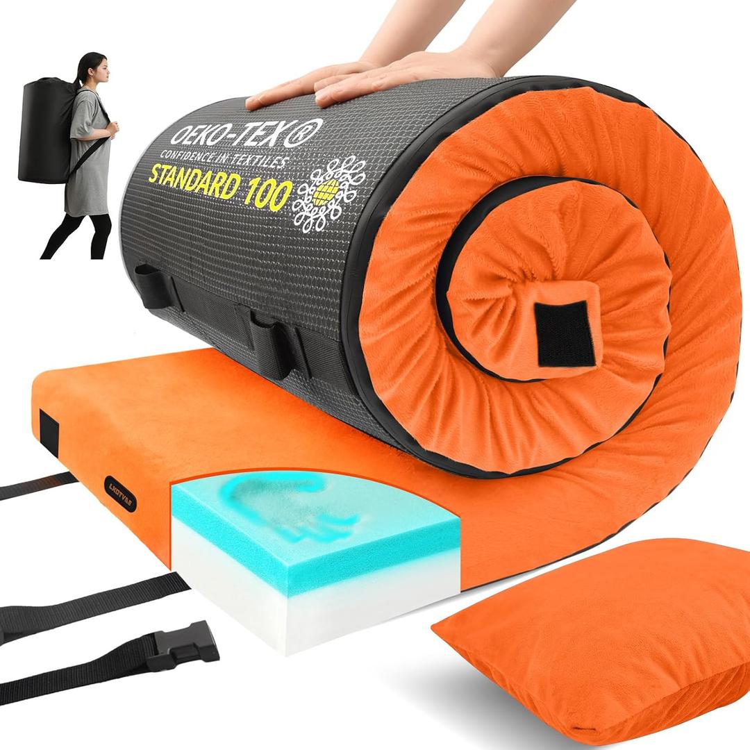 Memory Foam Camping Mattress pad, Comfortable Thick Floor Sleeping Mat for Adults with Waterproof and Non-Slip Bottom, Portable Roll Up Mattress for Sleepover Guest,Cot Mad for Car Camping