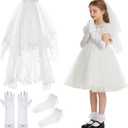 5 Pcs First Communion Veil Set with Gloves and Socks Holy Catholic Veil for 1st Communion Dresses Baptism Ceremonies (White)