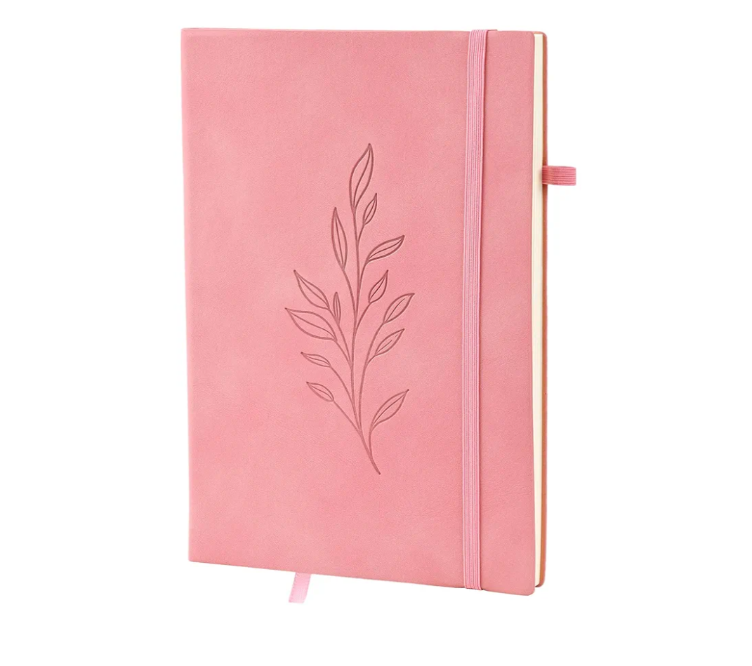 ZQZYMXQ A5 Lined Notebook Journal for Women Men, 200 Pages, Leaf Leather Hardcover Notebooks for Work Note Taking (Pink0, Pack of 4 