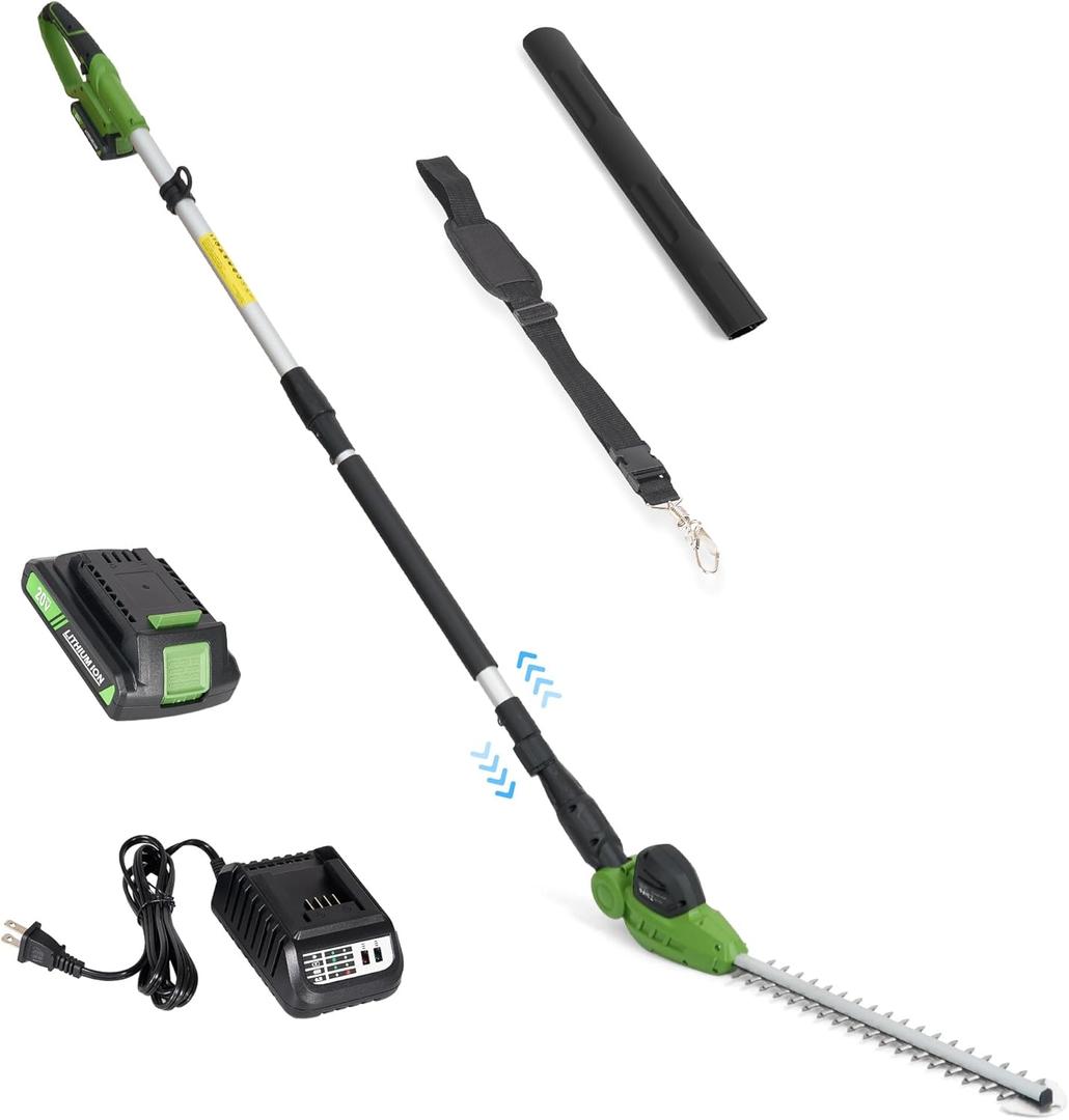 19" Pole Hedge Trimmer Cordless, Compatible with CURECURE 20V Battery, Hedge Trimmer with Extension Pole, 9.2-Feet Reach, 3/5'' Cutting Thickness, 135 Adjustable, Safety Lock, 7.9LBS Lightweight