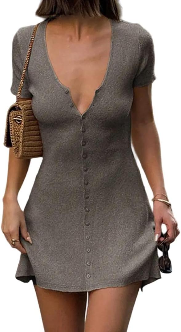 Women Sexy Deep V Neck Button Front Knit Mini Dress Elegant Short Sleeve Ribbed Flowy Hem A-Line Short Dress M