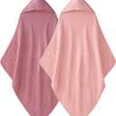 Hooded Baby Towels for Newborn - 2 Pack, 100% Muslin Cotton, Baby Bath Towels with Hood, Soft and Absorbent for Girls Infant, Toddler and Kids, Large 32x32 Inches, Newborn Essential (Peach Pink & Dark Pink)