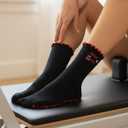 Women Cute Pilates Socks Grip Crew Yoga Socks Ruffle Cuff Embroidery Pattern Workout Ballet Socks (Black)