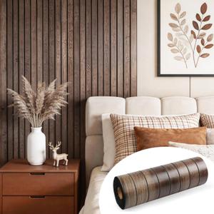 Wood Grain 15.8"W x 118"L Peel and Stick Wall Panels, 3D Soundproof Weatherproof Wall Panels, Thick PVC Self-Adhesive Wood Panels for Cabinets, Bedroom, Living Room, Kitchen Island Renovation (Walnut)