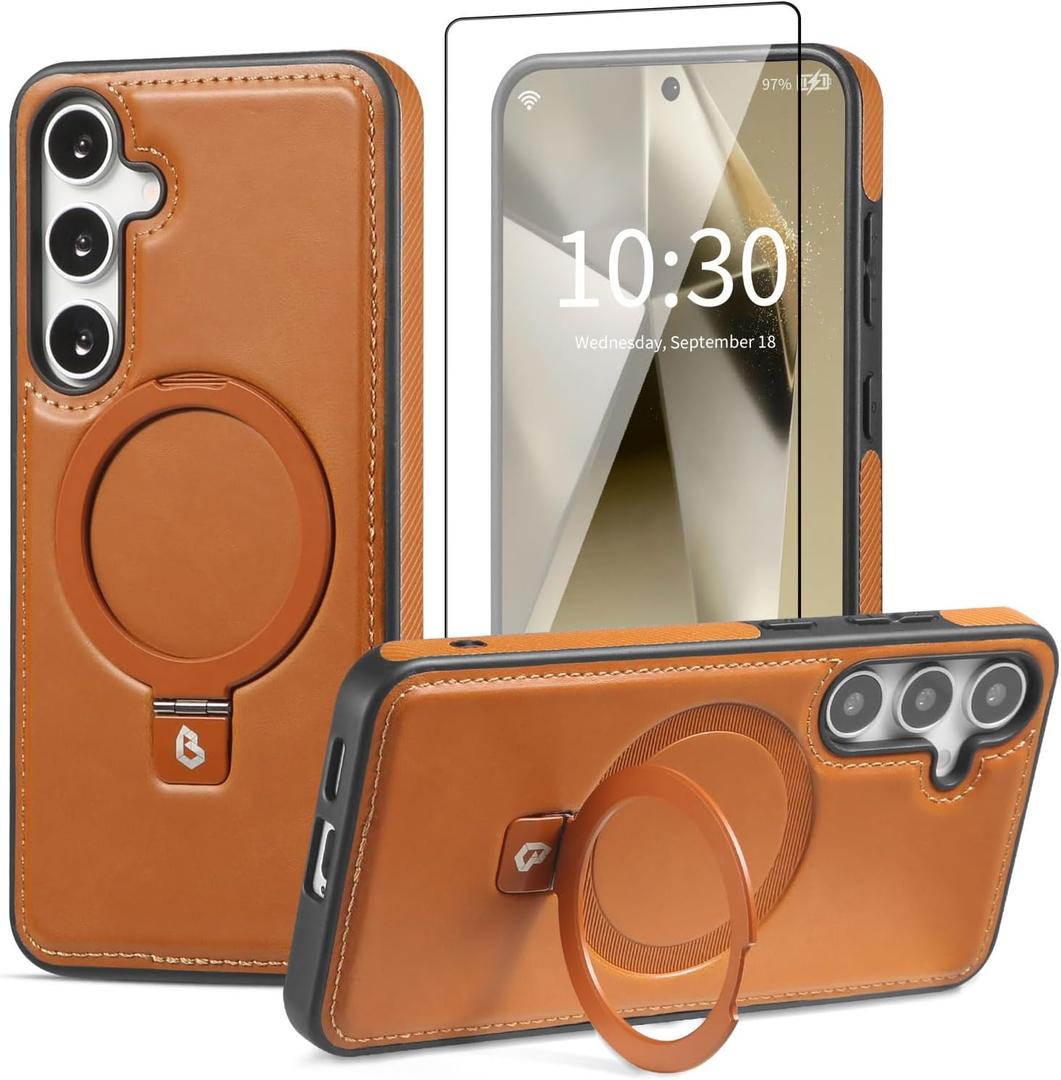 for Samsung Galaxy S25 Plus Case with Stand Magnetic, Compatible with MagSafe Ring Leather Case, with Camera Lens and Screen Protector, Protective Military Grade Shockproof, Brown