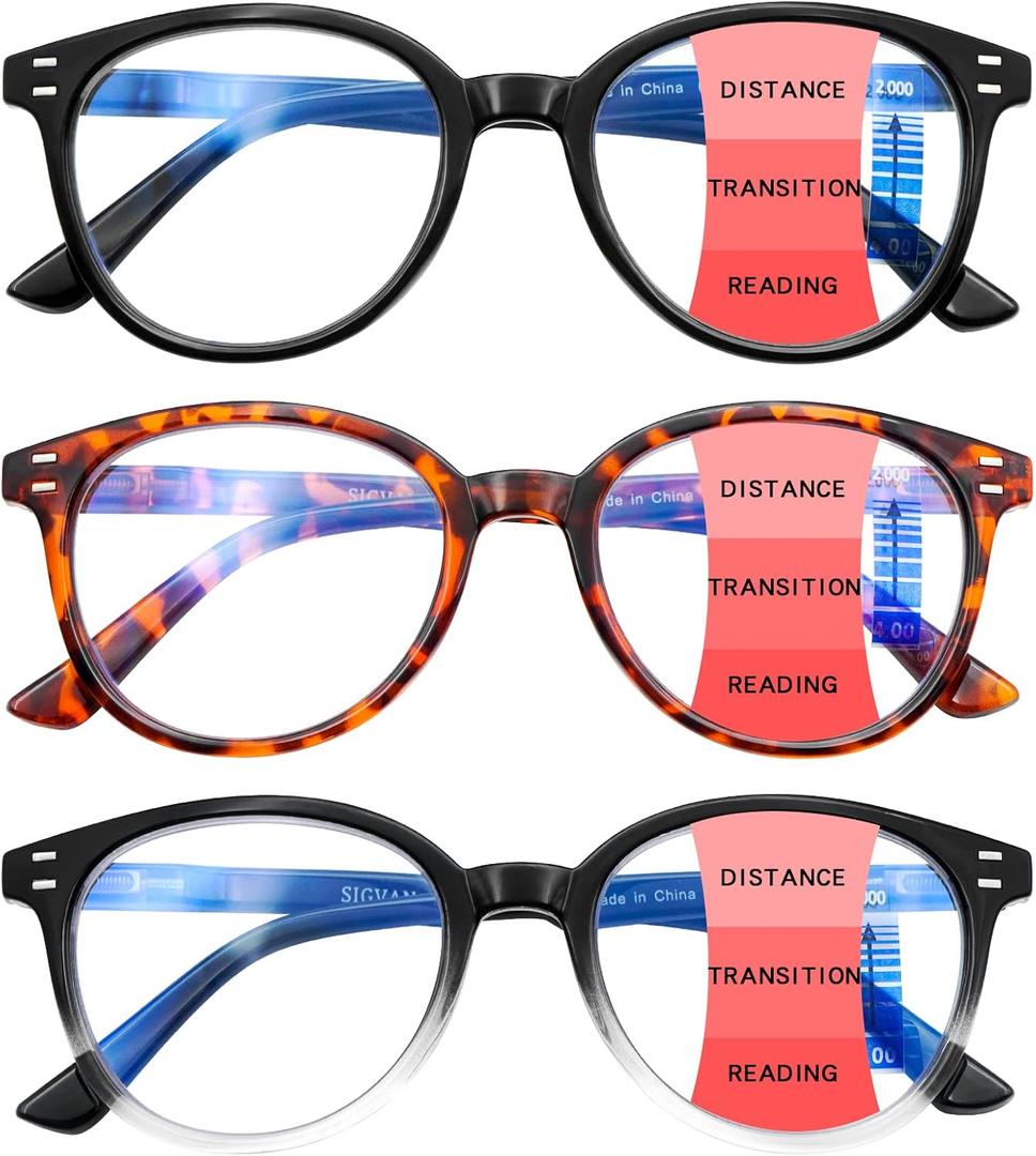 SIGVAN Progressive Multifocus Reading Glasses Blue Light Blocking Women Men Computer Eyeglasses Spring Hinge Readers (3 Mix, 1.75)