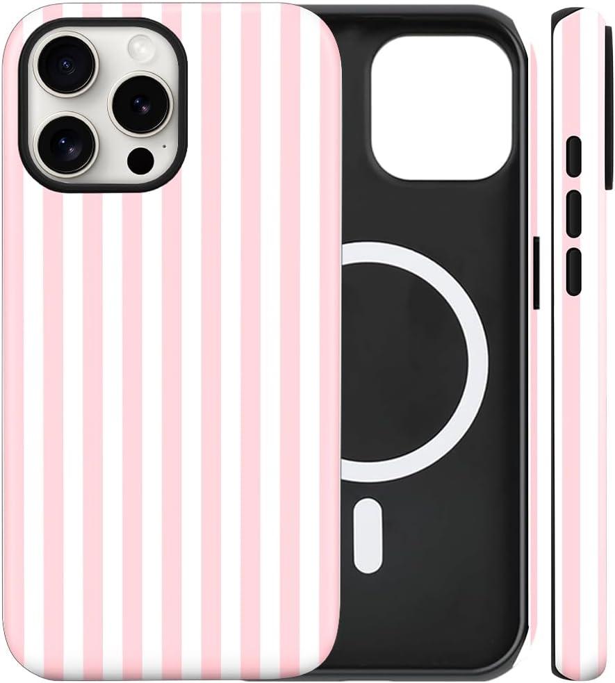 Magnetic for iPhone 16 Pro Max Case Cute Stripes Phone Case, Shockproof Slim TPU and Hard PC Protective Phone Cover Compatible with MagSafe Designed for Women Girls, Pink and White