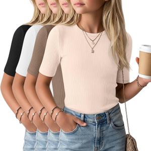 4 Pack Girls Soft Shirts | Short Sleeve, Ribbed, Slim Fit Tops, Crewneck, Cute, Casual, Basic Tee Shirts, Summer, Stretchy, Daily School Wear