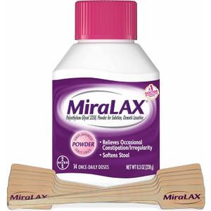 MiraLAX Laxative Powder, Gentle Constipation Relief for Adults, Stool Softener with PEG 3350, Nonstimulant Laxative, No Harsh Side Effects, Includes Stirrer, 14 Dose, EXP 2025/06