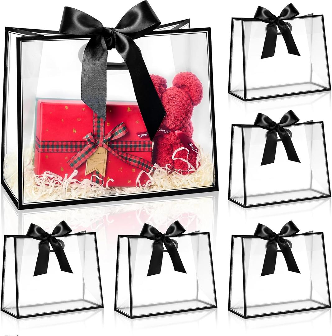 Ohuimrt 12 Pack Clear Plastic Gift Bags with Handles, Reusable Party Favor Bags with Ribbon for Wedding, Bachelorette Party, 12 x 10 x 5 Inch (Black)