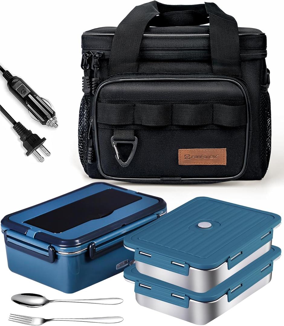 Electric Lunch Box Food Heater 80W Heated LunchBoxes for Adults Work/Car/Truck/Home, 1.8L Portable Food Warmer Heating Lunchbox with Insulated Lunch Bag 12V 24V 110V (Blue)