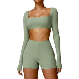ABOCIW Women Square Neck Long Sleeve Workout Crop Top Low Medium Impact Athletic Yoga Gym Shirts with Built in Bra(ONLY TOP) (Small, Green)